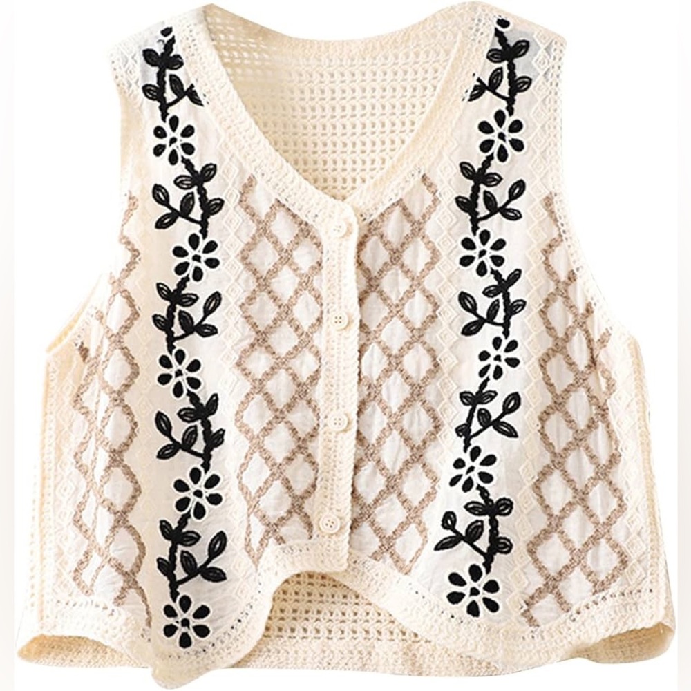 Boho Embroidered Crochet Cropped Vest Size Small Neutral Folk Top
